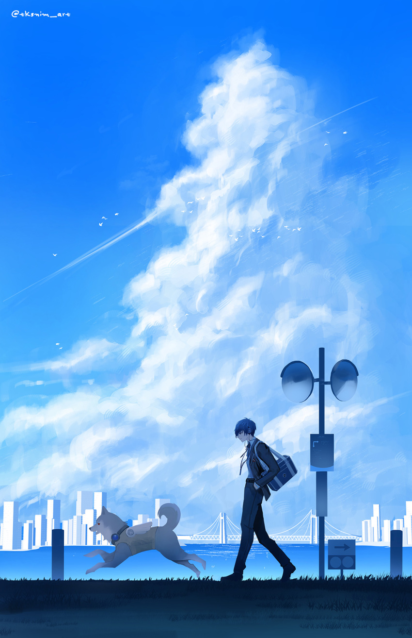 1boy animal bag bird black_jacket black_pants blue_hair blue_sky bridge building city cloud cloudy_sky collared_shirt commentary digital_media_player dog earphones from_side full_body gekkoukan_high_school_uniform hands_in_pockets highres horizon jacket koromaru_(persona) ocean outdoors pants persona persona_3 profile school_uniform shirt short_hair shoulder_bag sky symbol-only_commentary tk_(tksnim) twitter_username walking white_shirt yuuki_makoto_(persona_3)