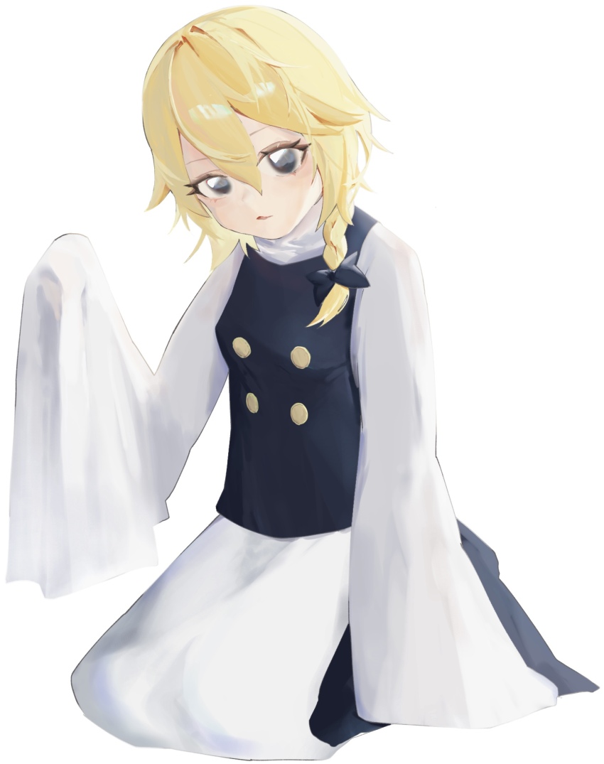 1girl apron black_bow black_eyes black_skirt black_vest blonde_hair bow braid breasts buttons commentary_request cookie_(touhou) full_body hair_between_eyes hair_bow highres kirisame_marisa long_bangs long_sleeves looking_at_viewer medium_hair no_headwear open_mouth seiza shirt side_braid simple_background single_braid sitting skirt sleeves_past_fingers sleeves_past_wrists small_breasts smile solo touhou turtleneck vest waist_apron white_apron white_background white_shirt whiterolo yuuhi_(cookie)