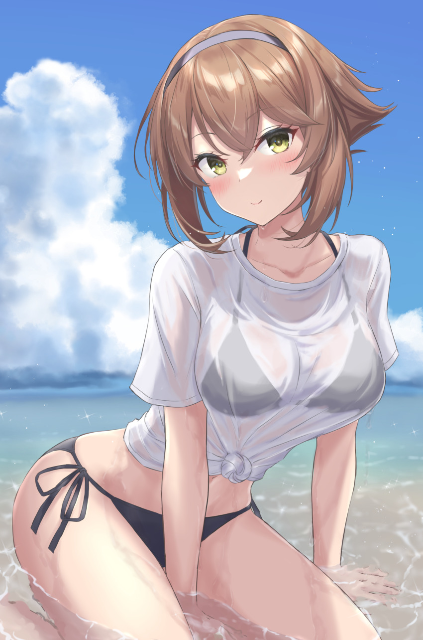 1girl absurdres bikini bikini_under_clothes black_bikini black_hairband blush breasts brown_hair closed_mouth collarbone day green_eyes hair_between_eyes hairband highres kantai_collection large_breasts looking_at_viewer monoku mutsu_(kancolle) navel ocean outdoors shirt short_hair short_sleeves side-tie_bikini_bottom smile solo swimsuit water wet wet_clothes wet_shirt white_shirt