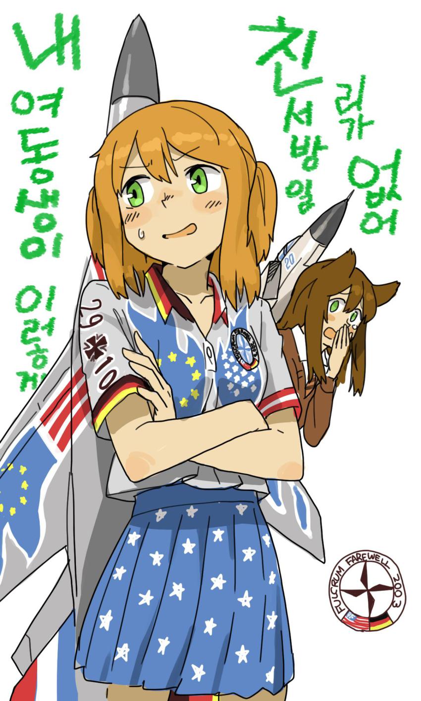 anyan_(jooho) can&#039;t_be_this_cute flight_highschool green_eyes highres korean_text looking_away mig-25 mig-25_(flight_highschool) mig-29 mig-29_(flight_highschool) orange_hair ore_no_imouto_ga_konna_ni_kawaii_wake_ga_nai parody simple_background twintails white_background