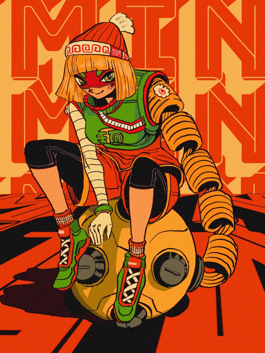 arms_(game) beanie blonde_hair bob_cut domino_mask green_eyes green_footwear hat highres mask megawatt_(arms) min_min_(arms) pantyhose pantyhose_under_shorts shoes short_hair shorts sneakers yogaman89