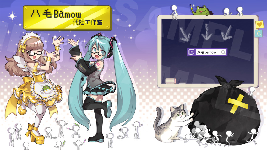 :d animal ankle_ribbon apron arm_tattoo arm_up armband arrow_(symbol) bell black_footwear black_skirt black_sleeves black_thighhighs blue_hair blue_necktie blue_skirt board_eraser boots breasts brown_hair cat chalk chalkboard character_name character_request chinese_commentary closed_mouth commentary_request corset detached_sleeves dress fake_wings fishine frilled_apron frilled_dress frills frog from_side glasses glowstick grey_shirt hair_ornament hair_ribbon halftone halftone_background hand_up hatsune_miku heart high_heels highres leg_ribbon long_hair long_sidelocks looking_at_viewer looking_to_the_side maid maid_apron maid_headdress miniskirt multicolored_background multicolored_skirt necktie one_eye_closed open_mouth original platform_footwear platform_heels puffy_sleeves purple_background razor_blade ribbon sample_watermark shirt shoes short_dress short_sleeves sidelocks skirt small_breasts smile sparkle standing standing_on_one_leg stick_figure tattoo thigh_boots thighhighs trash_bag twintails twitch_logo twitch_username very_long_hair vocaloid watermark white_background white_thighhighs wide_shot wings yellow_armband yellow_background yellow_corset yellow_dress yellow_ribbon yellow_shoes