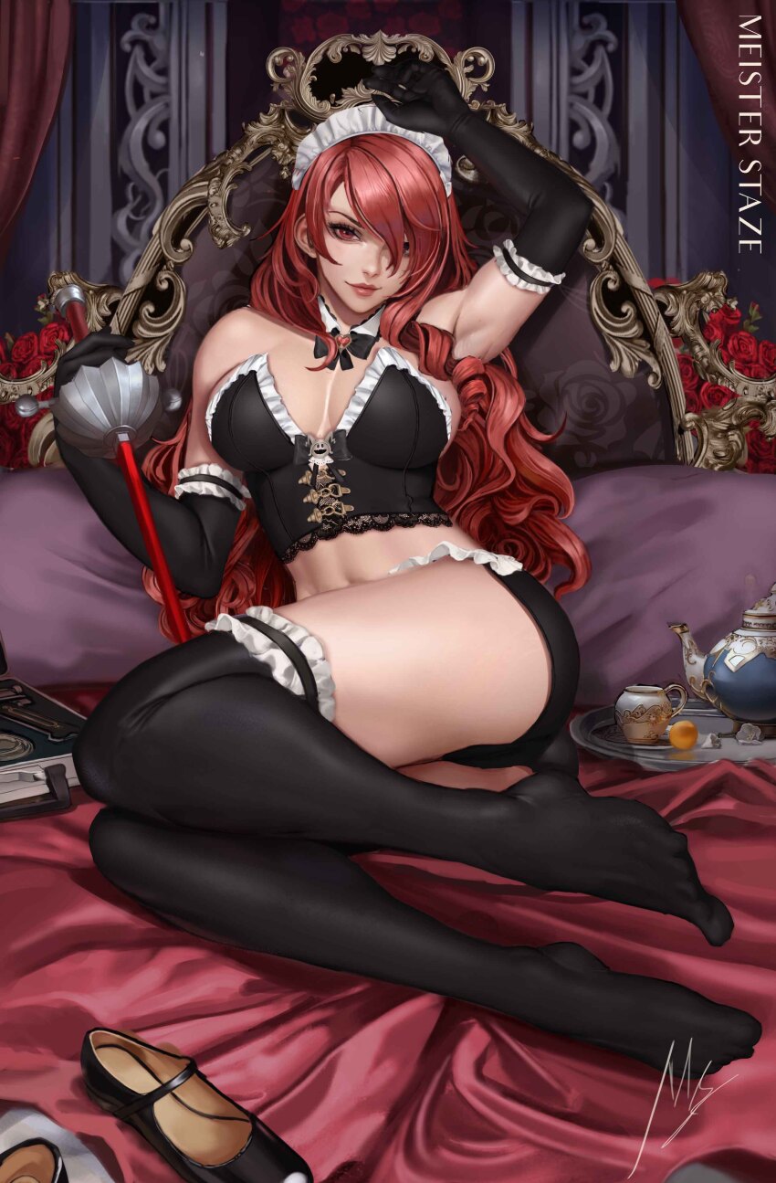 1girl absurdres ass bed bed_frame black_thighhighs bow bowtie breasts cleavage detached_collar elbow_gloves gloves hair_over_one_eye highres kirijou_mitsuru large_breasts long_hair looking_at_viewer maid_headdress meister_staze persona persona_3 pillow rapier red_hair sitting smile solo sword teapot thighhighs unworn_footwear wavy_hair weapon