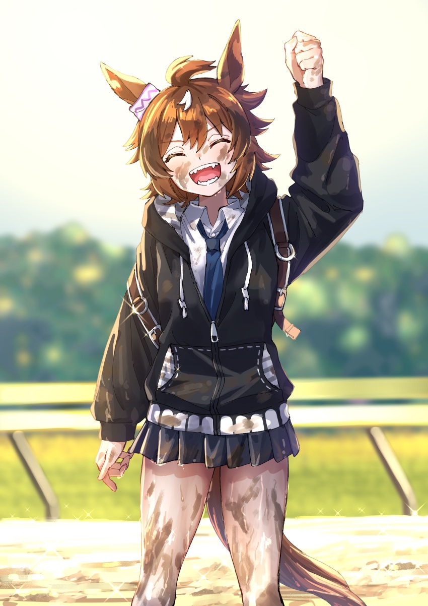 1girl ^_^ absurdres ahoge animal_ears black_jacket black_skirt blue_necktie blurry blurry_background brown_hair clenched_hand closed_eyes collared_shirt dirty dirty_clothes closed_eyes facing_viewer highres hood hood_down hooded_jacket horse_ears horse_girl horse_tail jacket long_sleeves miniskirt mud multicolored_hair nayuta_ggg necktie open_mouth outdoors partially_unzipped pleated_skirt raised_fist sharp_teeth shinko_windy_(umamusume) shirt skirt smile solo standing streaked_hair tail teeth umamusume v-shaped_eyebrows white_shirt