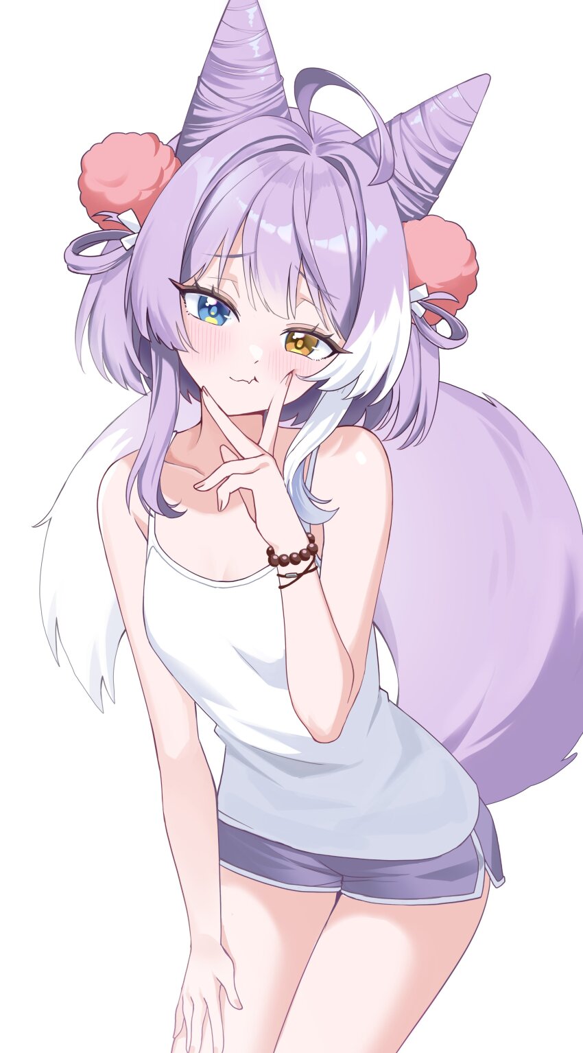 1girl absurdres ahoge blue_eyes cone_hair_bun fox_girl fox_tail hair_bun hair_ornament hair_rings heterochromia highres multicolored_hair pom_pom_(clothes) pom_pom_hair_ornament prock purple_hair purple_tail short_hair shorts simple_background solo stellive streaked_hair tail tank_top tenko_shibuki two-tone_tail virtual_youtuber white_background white_hair white_tank_top yellow_eyes