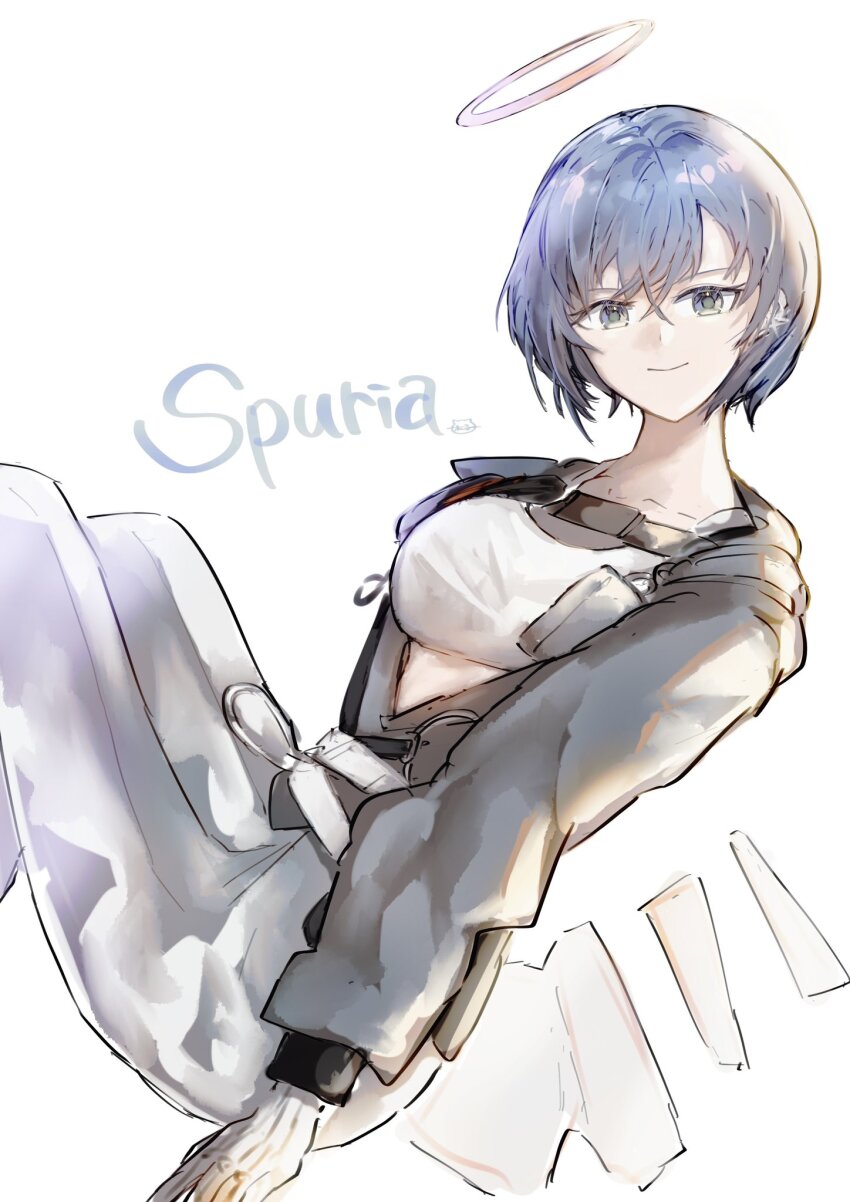 1girl arknights blue_hair breasts closed_mouth collarbone commentary_request detached_wings feet_out_of_frame grey_eyes grey_jacket hair_between_eyes halo highres jacket long_sleeves looking_at_viewer looking_to_the_side medium_breasts one-hour_drawing_challenge pants puffy_long_sleeves puffy_sleeves short_hair simple_background smile solo spuria_(arknights) tukaima white_background white_pants white_wings wings