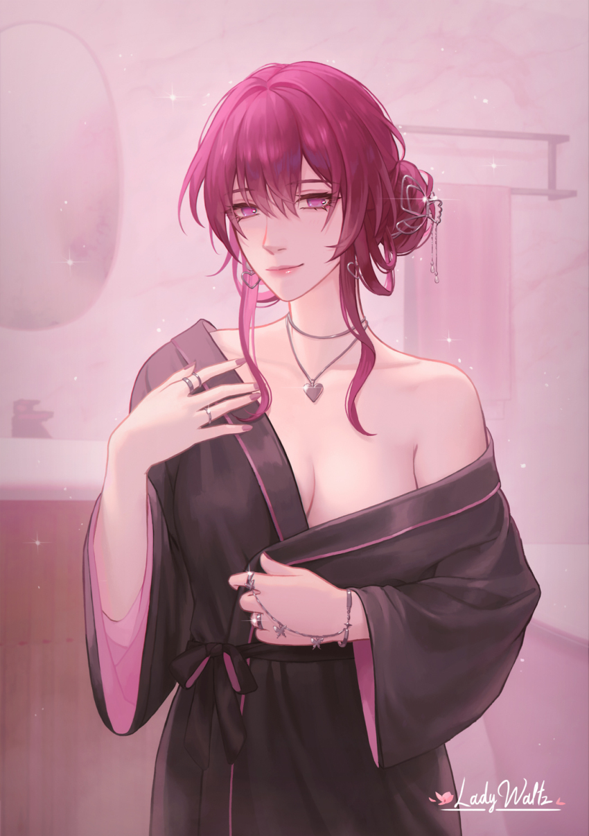 1girl alternate_costume alternate_hairstyle black_robe breasts cleavage closed_mouth commentary cowboy_shot hair_between_eyes hair_ornament heart heart_necklace highres honkai:_star_rail honkai_(series) jewelry kafka_(honkai:_star_rail) ladywaltz large_breasts long_hair looking_at_viewer necklace purple_eyes purple_hair robe robe_slip signature smile solo