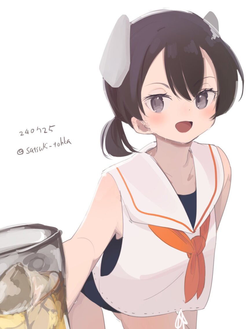 1girl black_hair black_one-piece_swimsuit cowboy_shot dated glass grey_eyes highres i-41_(kancolle) kantai_collection leaning_forward low_ponytail medium_hair one-hour_drawing_challenge one-piece_swimsuit open_mouth ponytail sailor_collar sailor_shirt satsuki_tooka school_swimsuit shirt simple_background sleeveless sleeveless_shirt smile solo swimsuit twitter_username white_background white_shirt