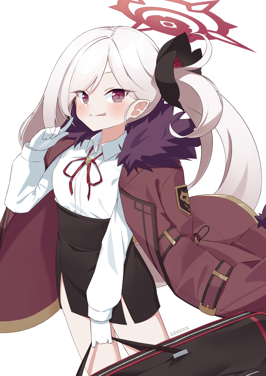 1girl absurdres alternate_costume artist_name aru_(blue_archive) bag black_flower black_skirt blue_archive cosplay flower gevuxx gloves grey_hair hair_flower hair_ornament halo high-waist_skirt highres holding holding_bag jacket long_hair looking_at_viewer mutsuki_(blue_archive) pointing pointing_at_self pointy_ears red_eyes red_halo red_jacket red_ribbon ribbon shirt side_ponytail skirt solo tongue tongue_out watermark white_gloves white_shirt