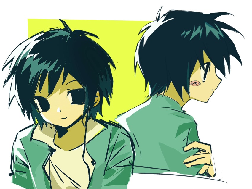 1boy black_eyes black_hair buzhidaoshenmexiangchangmao gakuran highres looking_at_viewer male_focus multiple_views randal&#039;s_friends school_uniform short_hair simple_background tsukada_satoru upper_body yellow_background