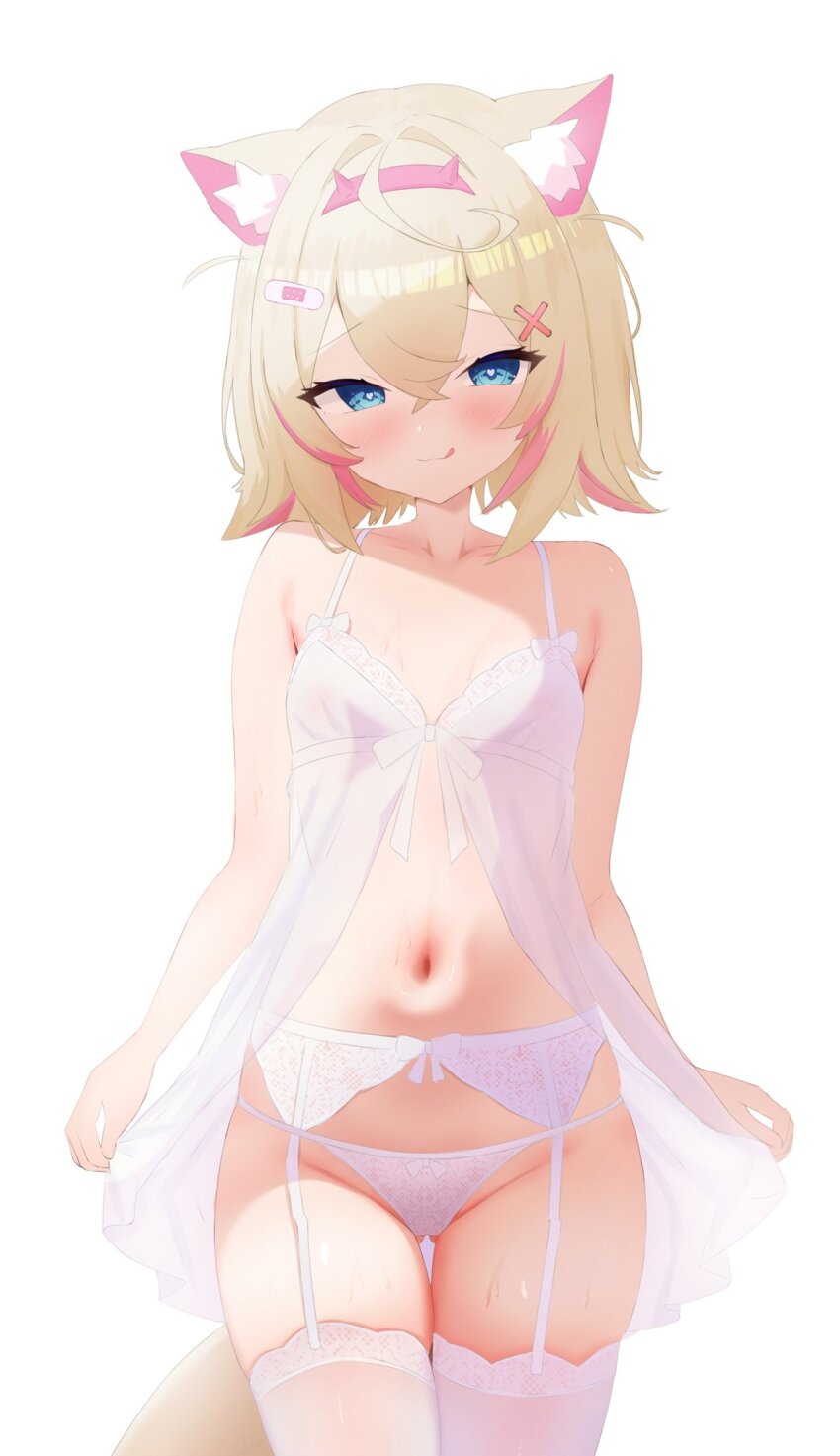 1girl animal_ears babydoll bandaid bandaid_hair_ornament bare_shoulders blue_eyes blush breasts collarbone daf_(daf_4) dog_ears dog_girl dog_tail garter_belt gluteal_fold hair_between_eyes hair_ornament hairband headband heart heart-shaped_pupils highres hololive hololive_english horn_hairband licking_lips looking_at_viewer medium_hair messy_hair mococo_abyssgard multicolored_hair panties pink_hairband pink_headband small_breasts solo standing stomach sweat symbol-shaped_pupils tail thigh_gap thighhighs thighs tongue tongue_out two-tone_hair underwear virtual_youtuber white_babydoll white_background white_panties white_thighhighs x_hair_ornament