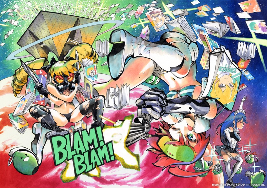 10s 3girls ;p ahn_dongshik ahoge alpha_omega_nova bag bikini bikini_top_only blonde_hair blue_hair boots comiket cropped_jacket drill_hair elbow_gloves explosive frag_(trigger) gas_mask gloves grenade gun keiji_(uchuu_patrol_luluco) knife maid manga_(object) mask midori_(uchuu_patrol_luluco) multiple_girls muzzle_(trigger) official_art one_eye_closed red_hair safety_glasses shopping_bag sound_effects space spring_(trigger) striped_bikini striped_clothes swimsuit thighhighs tokyo_big_sight tongue tongue_out torn_clothes torn_legwear trigger-chan trigger_(company) twintails uchuu_patrol_luluco watermark weapon white_gloves