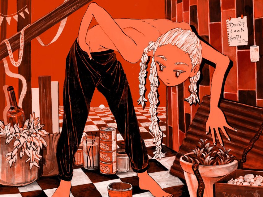 1other baggy_pants barefoot black_pants bottle braid bright_pupils can canned_food caution_tape checkered_floor colored_eyelashes commentary dark_skin english_commentary english_text full_body glass_bottle groin hand_in_pants highres leaning_forward long_hair looking_at_viewer multiple_braids no_sclera orange_hair original pants paper pennant plank plant potted_plant red_background red_eyes red_theme solo string_of_flags sun tile_wall tiles topless_other tsurikawa373 white_hair white_nails