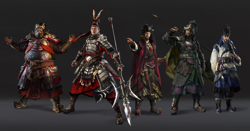 5boys arm_up armor armored_boots arms_up beard black_background black_hanfu boots cao_cao chinese_armor chinese_clothes chinese_empire dong_zhuo eyepatch facial_hair fangtian_ji fat fat_man feather_fan feathers guan_hat han_dynasty hand_fan hanfu head_tilt headband helmet highres holding holding_fan holding_polearm holding_weapon jacket lamellar_armor laughing leather_armor looking_at_viewer lu_bu lulu_zhang multiple_boys official_art over_shoulder pointing polearm red_jacket romance_of_the_three_kingdoms scale_armor sheath sima_yi spear standing sword total_war total_war:_three_kingdoms weapon weapon_over_shoulder white_hanfu wide_sleeves xiahou_dun