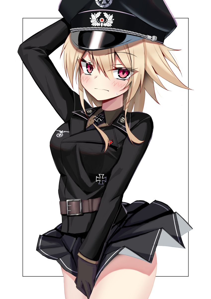 1girl absurdres belt blonde_hair blush brown_gloves cross gloves hat highres holding holding_unworn_clothes holding_unworn_hat iron_cross jiseki_rena looking_at_viewer military_dress_uniform military_uniform nazi necktie original peaked_cap red_eyes reichsadler rena_(jiseki_rena) short_hair_with_long_locks skirt skirt_tug solo sweatdrop tsurime unworn_hat unworn_headwear white_background wind wind_lift