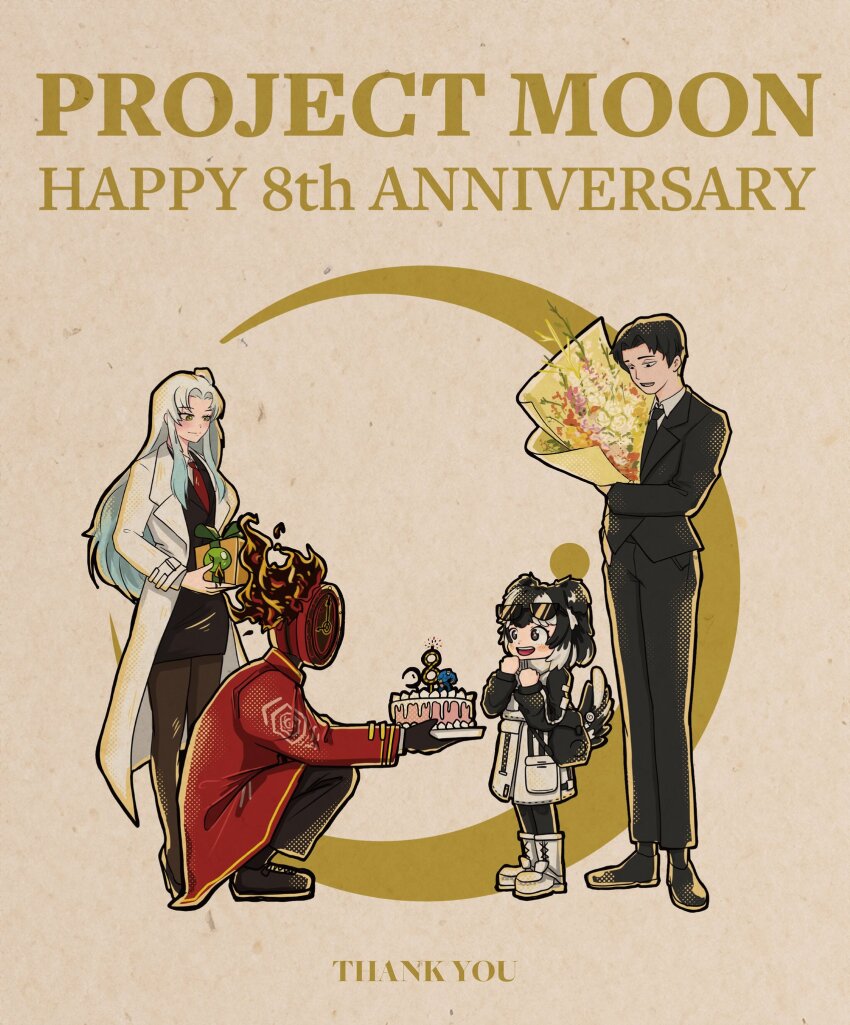 1boy 1girl 2others angela_(project_moon) animal_ears anniversary bag black_eyes black_footwear black_hair black_necktie black_pants black_skirt black_suit black_vest blossomseol02 blue_hair boots bouquet cake cake_decoration candle clock coat collared_shirt commentary_request crescent_moon cyclops_(project_moon) dante_(limbus_company) dog_ears dog_tail english_text enkephalin_(project_moon) eyewear_on_head fire flower food formal_clothes gift handbag highres holding holding_bouquet jacket jang_schna lab_coat library_of_ruina limbus_company lobotomy_corporation logo long_hair moon multicolored_hair multiple_others necktie object_head pants project_moon red_coat red_necktie roland_(project_moon) shirt shoes side_ponytail skirt suit sunglasses tail vest white_footwear white_hair white_jacket white_shirt yellow_eyes