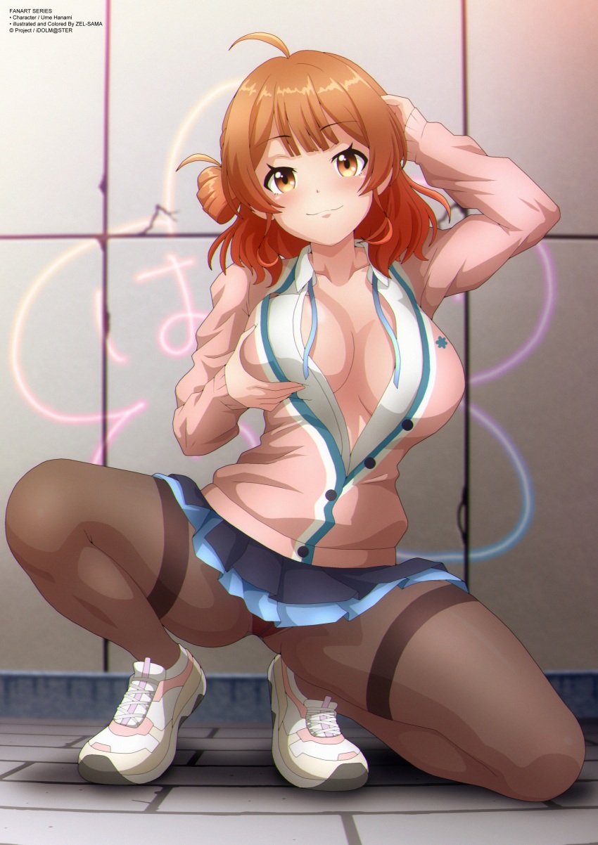 1girl absurdres ahoge black_skirt blue_ribbon blush breasts brown_eyes brown_hair brown_pantyhose cardigan cleavage collarbone crack cracked_wall gakuen_idolmaster grabbing_own_breast graffiti hanami_ume hand_on_own_head highres idolmaster large_breasts long_hair long_sleeves looking_at_viewer neck_ribbon on_one_knee open_cardigan open_clothes open_shirt panties panties_under_pantyhose pantyhose pink_cardigan red_panties ribbon school_uniform shirt shoes skirt smile sneakers spread_legs squatting underwear undone_neck_ribbon white_shirt white_shoes zel-sama
