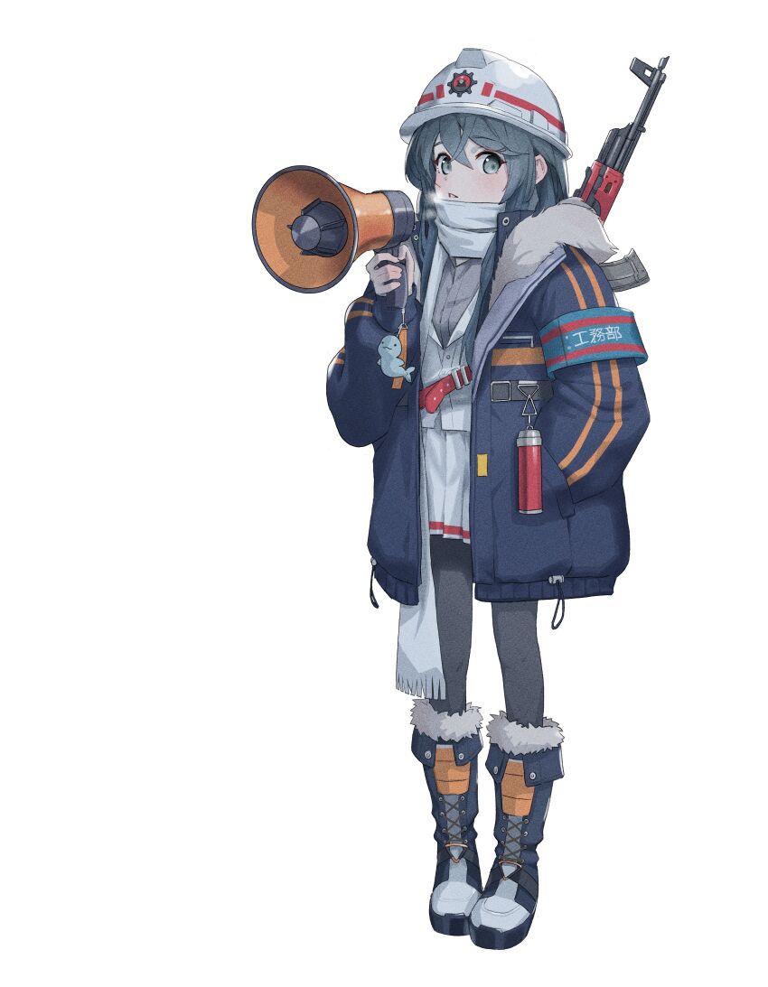 1girl absurdres aqua_armband armband black_hair blue_archive blush green_eyes grey_shirt hair_between_eyes halo hand_in_pocket hard_hat helmet highres holding holding_megaphone jacket lakudaken long_hair long_sleeves looking_at_viewer megaphone minori_(blue_archive) open_clothes open_mouth red_winter_federal_academy_logo scarf shirt simple_background skirt solo white_background white_helmet white_jacket white_scarf white_shirt