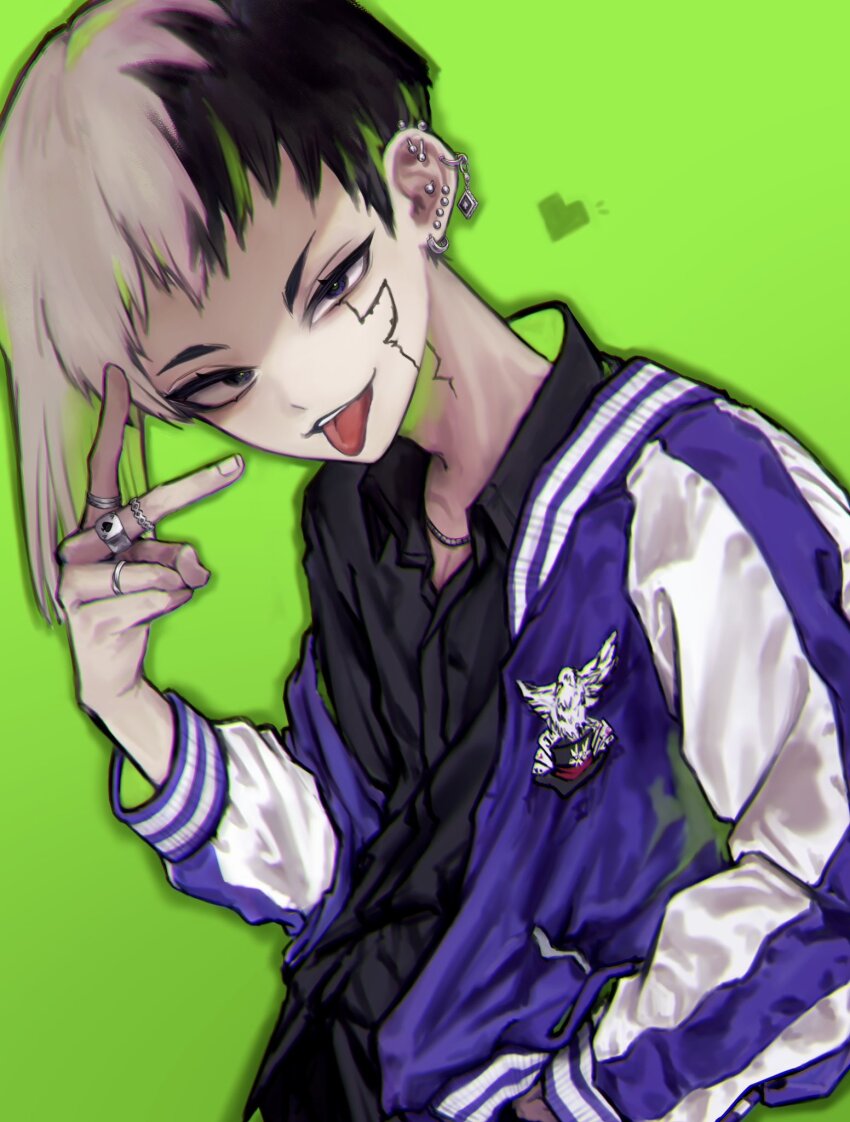 1boy asagiri_gen asymmetrical_hair black_eyes black_hair black_shirt collared_shirt dr._stone ear_piercing earrings green_background hand_in_pocket highres jacket jewelry letterman_jacket looking_at_viewer male_focus multicolored_hair multiple_rings piercing purple_jacket ring sei_yaaa shirt short_hair solo sukajan tongue tongue_out two-tone_hair v white_hair