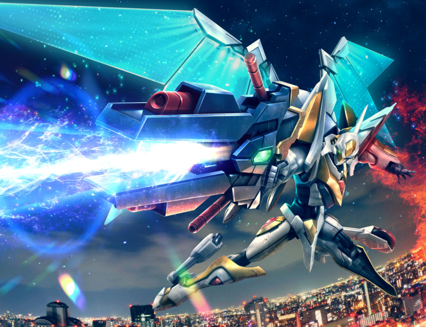 code_geass energy_gun energy_wings flying green_eyes gun hiropon_(tasogare_no_puu) holding holding_gun holding_weapon knightmare_frame lancelot_(code_geass) lancelot_albion mecha night night_sky no_humans open_hand photo_background robot science_fiction sky solo weapon