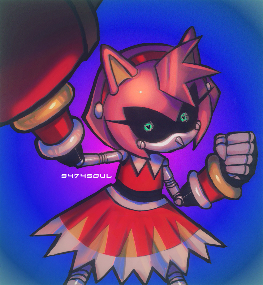 1girl 9474s0ul animal_ears artist_name blue_background clenched_hand commentary dress english_commentary green_eyes heart heart-shaped_pupils highres looking_at_viewer metal_amy red_dress robot robot_girl solo sonic_(series) standing symbol-shaped_pupils