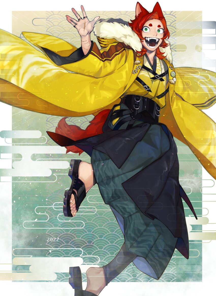 1boy absurdres animal_ears animal_print chinese_zodiac coat colored_inner_hair commentary dated egasumi fangs floating fox_boy fox_ears fox_tail full_body fur-trimmed_coat fur-trimmed_hood fur_trim gradient_background green_background green_eyes hakama hakama_skirt hand_up highres hood hood_down japanese_clothes jewelry kimono long_hair long_sleeves looking_at_viewer male_focus multicolored_hair multiple_rings new_year open_mouth orange_hair original red_hair ring sandals scar scar_on_arm seigaiha skirt solo symbol-only_commentary tail tiger_print year_of_the_tiger yellow_background yellow_coat yellow_kimono zzb_azz