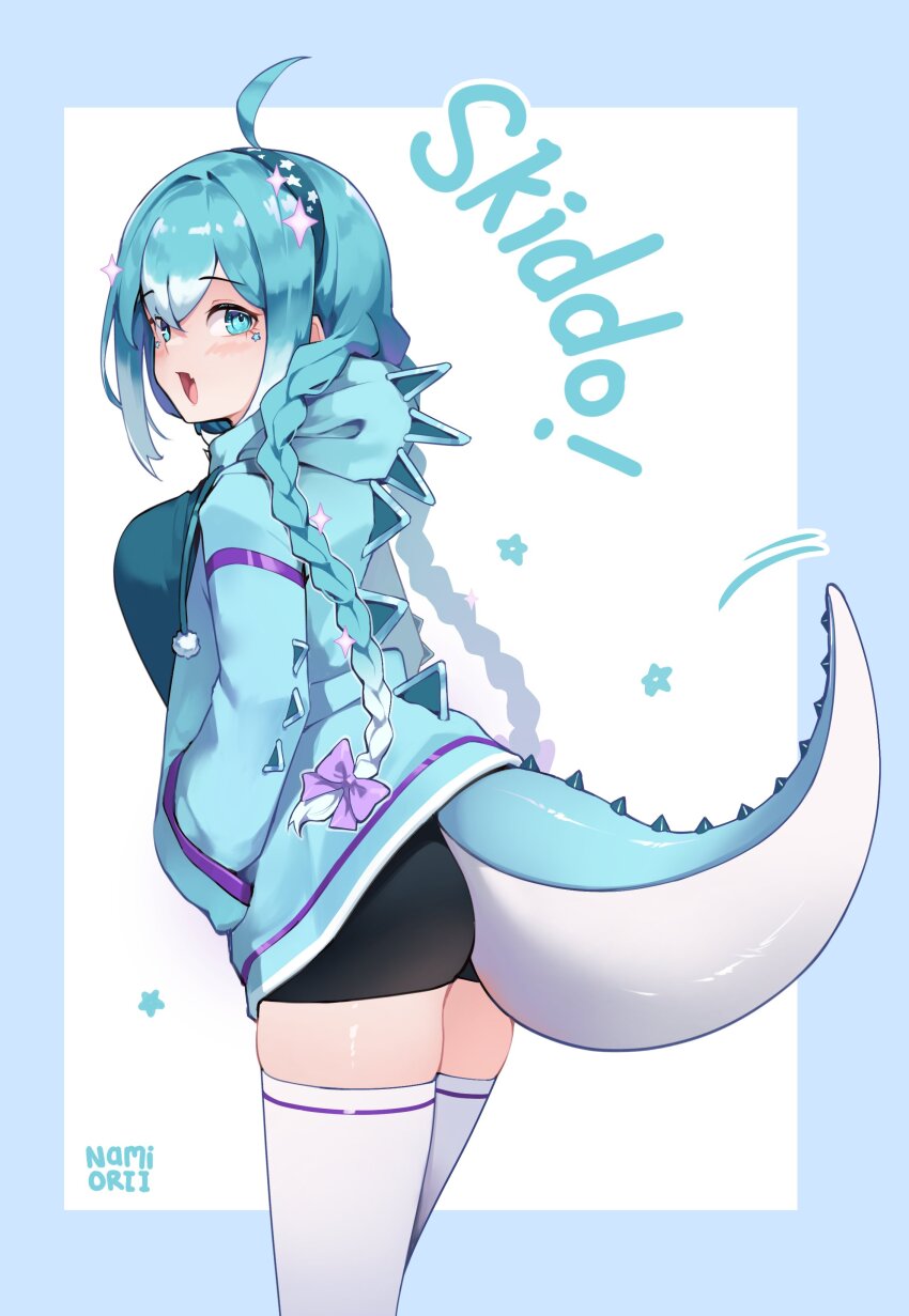 1girl absurdres ahoge artist_name bike_shorts black_shorts blue_eyes blue_hair blue_hoodie braid character_name colored_tips dinosaur_girl dinosaur_hood dinosaur_tail facial_mark hair_ornament hairband hand_in_pocket highres hood hood_down hoodie indie_virtual_youtuber long_braid long_hair multicolored_hair namiorii open_mouth shorts skiddosaurus_rex solo star_(symbol) star_facial_mark tail thighhighs twin_braids virtual_youtuber white_hair white_thighhighs