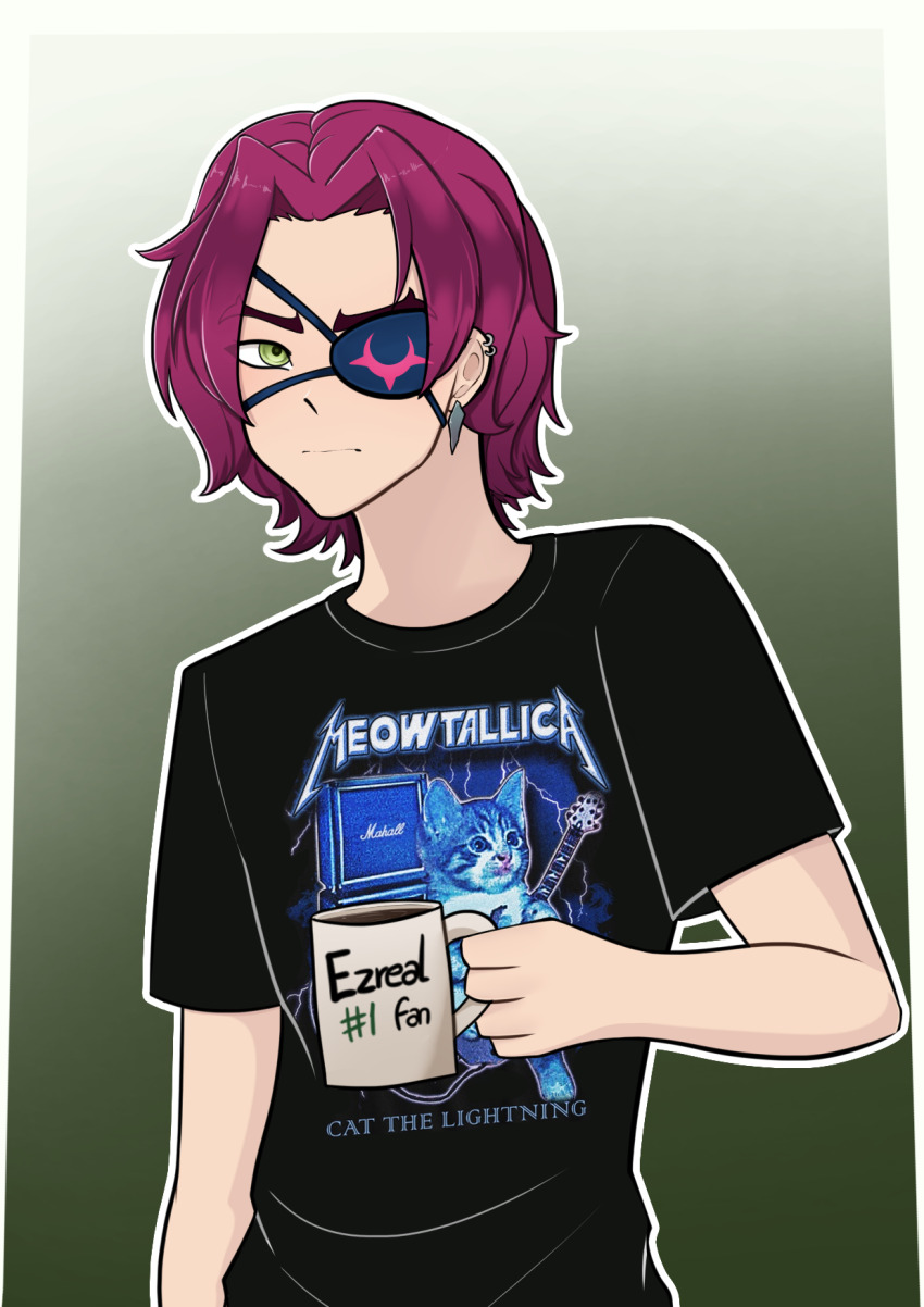 1boy amplifier black_shirt border cat clothes_writing coffee_mug cup ear_piercing earrings electric_guitar english_text eyepatch gradient_background green_eyes grey_background guitar heartsteel_kayn highres holding_cup instrument jewelry kayn_(league_of_legends) kitten kurodahlia18 lightning looking_at_viewer male_focus marshall_amplification metallica mug parody photo_(medium) piercing pink_hair shirt short_hair simple_background solo standing t-shirt white_border