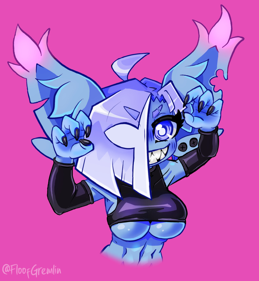 ahoge blue_skin breasts colored_skin female_goblin floofgremlin goblin highres sharp_teeth sira_(floofgremlin) teeth underboob