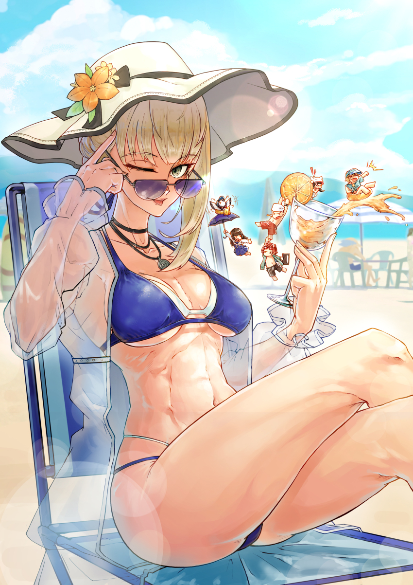 2boys 4girls abs absurdres animal arai_motoha beach beach_chair bikini bird black_hair blonde_hair blue_bikini blue_sky breasts cleavage cloud commentary cup d0h0nai day english_commentary hat highres holding holding_cup holding_umbrella index_finger_raised innertube jacket jewelry kanou_shun large_breasts looking_at_viewer luffel_(p5x) merope_(p5x) mini_person miniboy minigirl multiple_boys multiple_girls necklace noge_tomoko official_alternate_costume one_eye_closed outdoors owl parasol persona persona_5 persona_5:_the_phantom_x sand see-through_clothes see-through_jacket sitting size_difference sky sun_hat sunglasses swim_ring swimsuit tanemura_riko thighs tongue tongue_out umbrella white_hat wonder_(p5x)