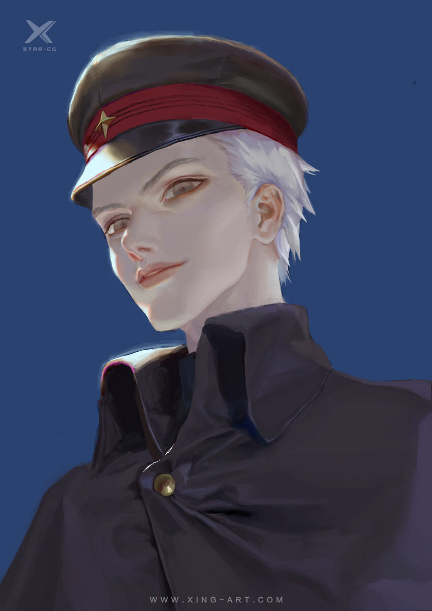 1girl androgynous artist_name black_hat black_jacket blue_background brown_eyes buttons chinese_commentary collared_jacket commentary_request dated_commentary hat high_collar highres jacket lips military_hat military_uniform original parted_lips pink_lips short_hair simple_background smirk solo starlab teeth thick_eyebrows upper_body watermark white_hair