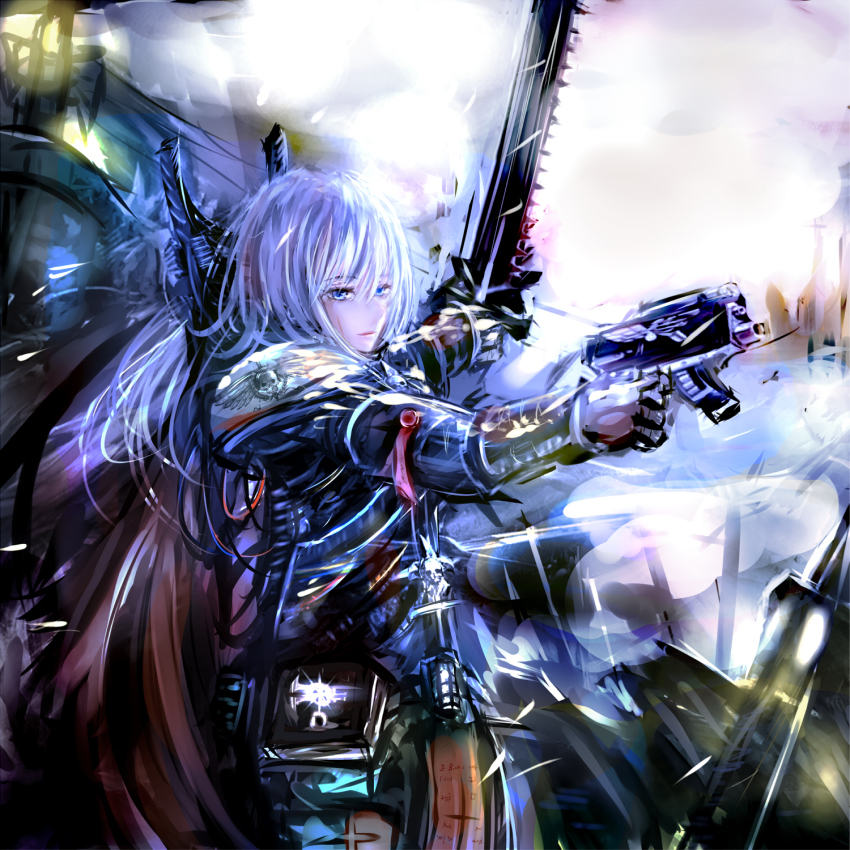 1girl adepta_sororitas armor blue_eyes bolter book chainsword female_focus gun highres long_hair misaka_12003-gou power_armor purity_seal scar silver_hair sisters_of_battle skull solo warhammer_40k weapon