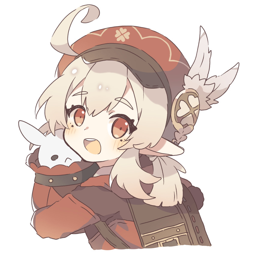 :d absurdres backpack bag cabbie_hat coat feathers from_side genshin_impact hat hat_feather highres klee_(genshin_impact) komano_shia light_brown_hair looking_at_viewer open_mouth pointy_ears red_coat red_eyes red_hat simple_background smile teeth white_background white_feathers