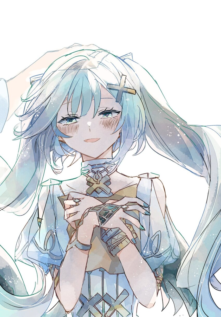 1girl aqua_eyes aqua_hair aqua_nails aqua_pupils arm_cutout arrow_print blunt_bangs blush capelet collarbone curled_fingers dress eyelashes faruzan_(genshin_impact) genshin_impact ghost gold hair_ornament headpat highres holding holding_paper jewelry long_hair looking_at_viewer lowered_eyelids middle_ring neck_ring open_mouth ottottouta own_hands_together paper puffy_sleeves short_sleeves sidelocks smile symbol-shaped_pupils triangle-shaped_pupils twintails upper_body white_background white_dress white_sleeves bracelet x_hair_ornament