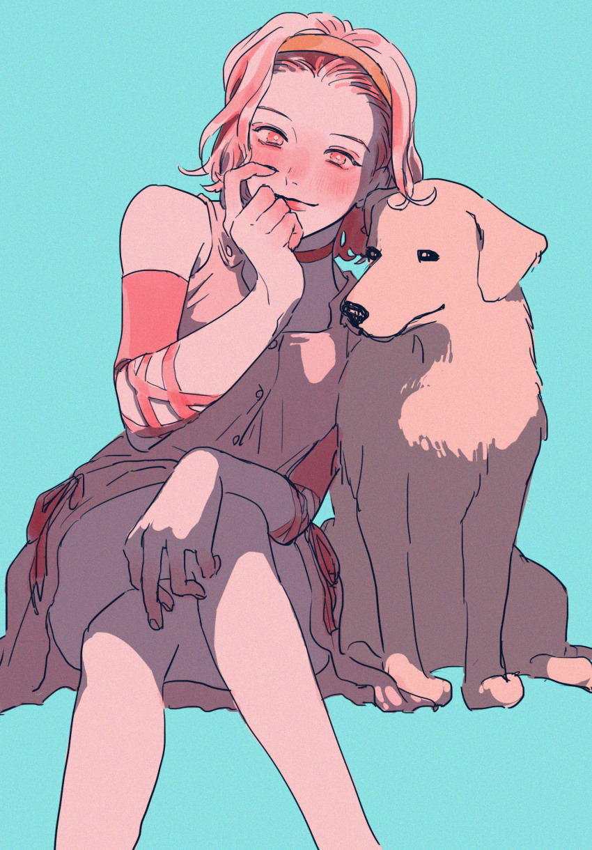 1girl arm_warmers arnold_(jojo) blush diamond_wa_kudakenai dog dress fuku_(r-i-h-o) hairband headband highres jojo_no_kimyou_na_bouken crossed_legs pink_dress pink_eyes pink_hair short_hair sugimoto_reimi