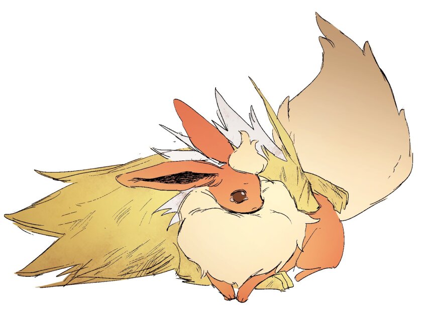 519luck animal_focus closed_mouth crying flareon full_body gen_1_pokemon highres injury jolteon lying nintendo no_humans on_stomach orange_fur pokemon pokemon_(creature) pokemon_focus sad simple_background tears white_background yellow_fur
