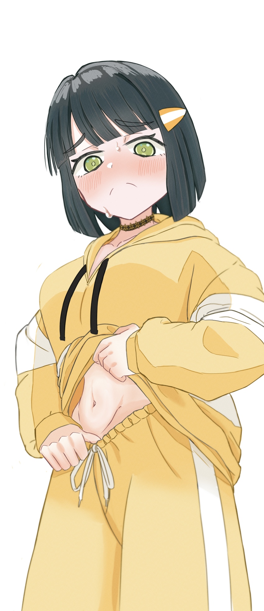 1girl :c absurdres black_hair blunt_bangs blunt_ends blush breasts clothes_lift collarbone commentary cowboy_shot don_quijote_(store) drawstring green_eyes hair_ornament highres hood hoodie hoodie_lift link!_like!_love_live! long_sleeves looking_at_viewer love_live! medium_breasts midriff_peek momose_ginko navel nose_blush official_alternate_costume pants short_hair simple_background solo sweat track_pants triangle_hair_ornament virtual_youtuber white_background wotan_(wotandesu) yellow_hoodie yellow_pants