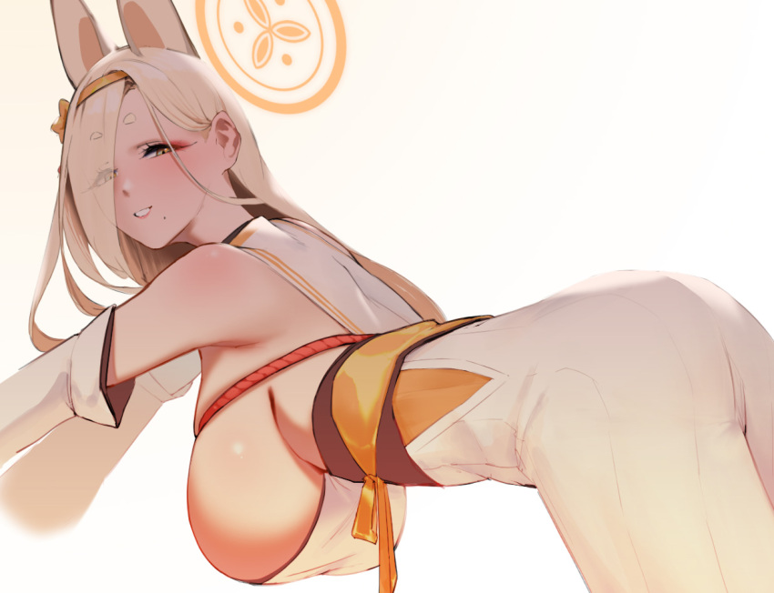 1girl animal_ears asymmetrical_bangs blonde_hair blue_archive breasts commentary detached_sleeves extra_ears eyeshadow fox_ears grin hair_over_one_eye hakama hakama_skirt halo hanging_breasts hikimayu huge_breasts inonice01 japanese_clothes kaho_(blue_archive) kimono leaning_forward long_bangs long_hair looking_at_viewer makeup mole mole_under_mouth orange_halo red_eyeshadow sideboob sideless_kimono skirt smile solo thick_eyebrows white_hakama white_kimono white_skirt wide_sleeves yellow_eyes