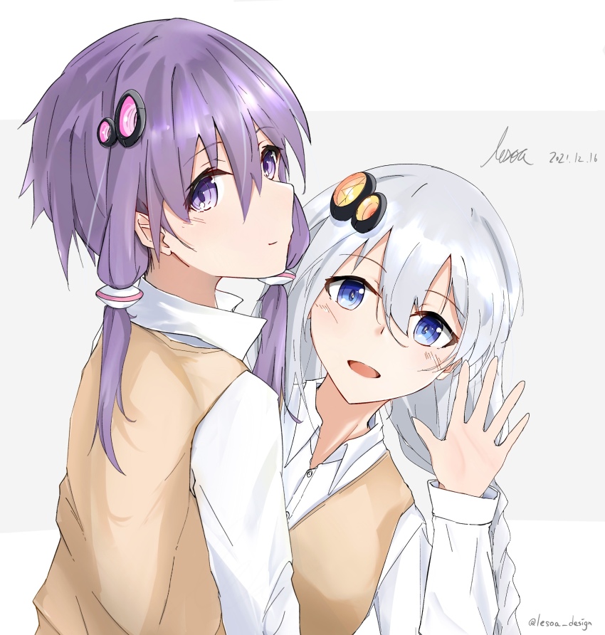 2girls :d absurdres ahoge blue_eyes braid collared_shirt dated grey_background grey_hair hair_ornament highres kizuna_akari lesoa long_hair looking_at_viewer multiple_girls open_mouth purple_eyes purple_hair shirt short_hair_with_long_locks signature simple_background smile sweater_vest twin_braids twitter_username two-tone_background voiceroid white_background white_shirt yuzuki_yukari