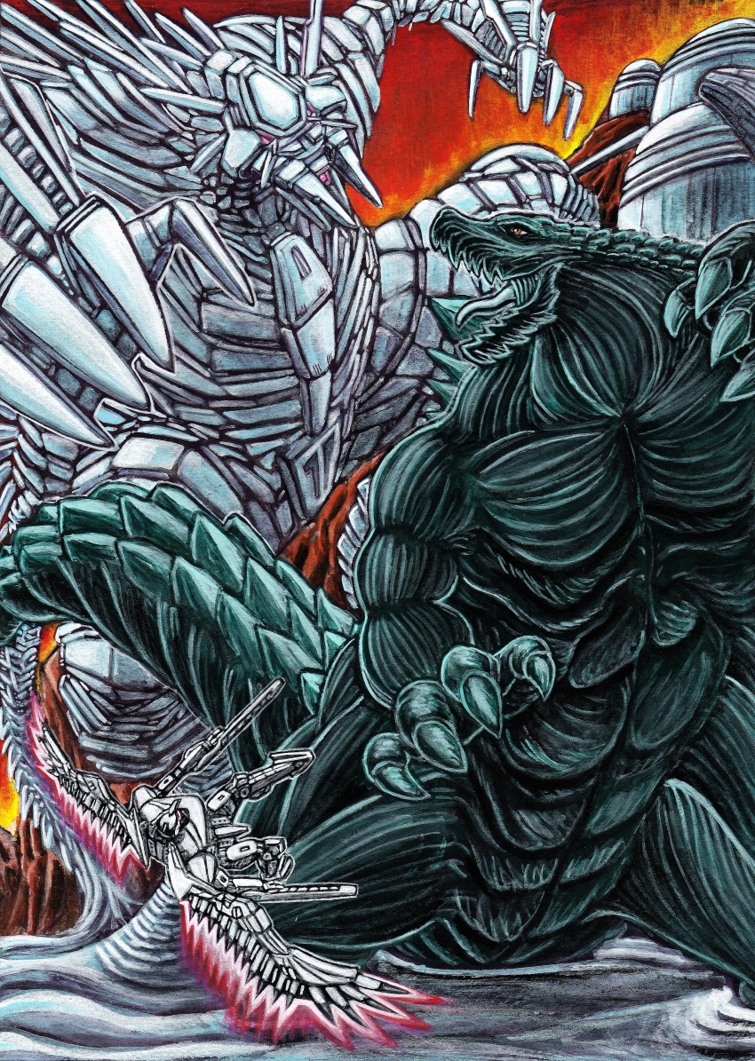 absurdres alien armor autocannon battle cannon character_request claws commentary exoskeleton furuta_yoroshi giant glowing glowing_eyes godzilla godzilla:_city_on_the_edge_of_battle godzilla:_planet_of_the_monsters godzilla_(series) godzilla_earth highres kaiju magnetic_weapon mecha mechagodzilla mechagodzilla_(godzilla:_city_on_the_edge_of_battle) military monster no_humans power_armor power_suit powered_exoskeleton railgun robot science_fiction size_difference super_robot tail traditional_media translation_request vulture_(godzilla) weapon