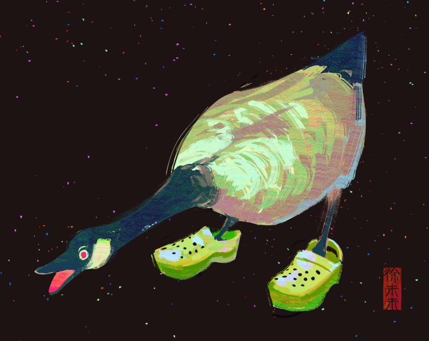 animal animal_focus artist_logo artist_name beak bird brown_background commentary crocs english_commentary goose green_footwear highres logo no_humans open_mouth original realistic red_eyes simple_background solo weiwei_(peevishpants)