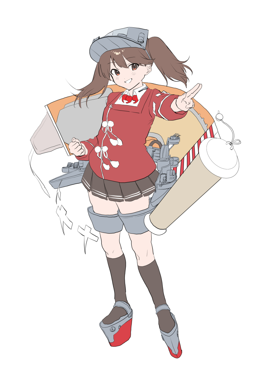 1girl absurdres black_socks brown_eyes brown_hair brown_skirt flat_chest full_body highres japanese_clothes kantai_collection kariginu long_hair machinery magatama platform_shoes pleated_skirt red_shirt ryuujou_(kancolle) scroll shikigami shirt shishamo_(domado) simple_background skirt smile socks solo twintails visor_cap white_background