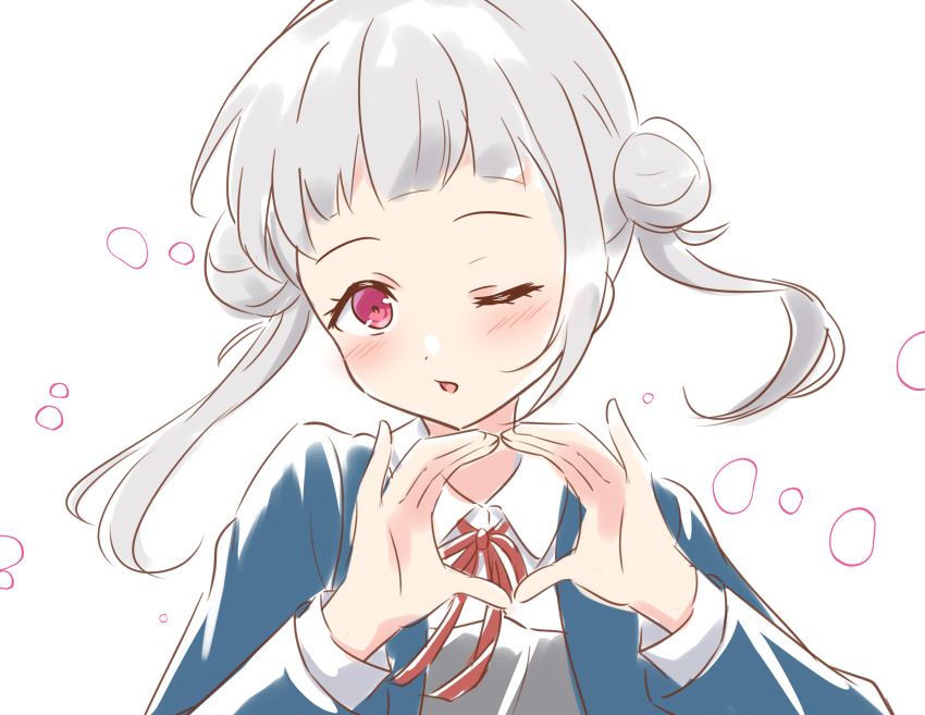 1girl ;o arashi_chisato blazer blue_jacket blunt_bangs blush bubble circle_hands collared_shirt double_bun dress grey_dress grey_hair hair_bun hanazora_satsuki highres jacket long_hair long_sleeves looking_at_viewer love_live! love_live!_superstar!! neck_ribbon one_eye_closed open_clothes open_jacket open_mouth own_hands_together red_eyes red_ribbon ribbon school_uniform shirt simple_background solo twintails white_background white_shirt winter_uniform yuigaoka_school_uniform