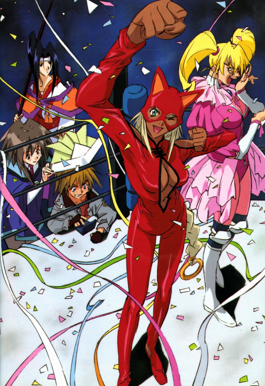 1990s_(style) 2boys 3girls aisha_clanclan alternate_costume animal_ears aqua_eyes black_hair blonde_hair blue_eyes braid breasts brown_eyes brown_hair cat_ears cleavage cleavage_cutout clothing_cutout confetti crossdressing dark_skin fang fictional_persona firecat gene_starwind green_eyes hat highres james_hawking jewelry laughing long_hair medium_breasts melfina melfina_(outlaw_star) multiple_boys multiple_girls navel official_art one_eye_closed open_mouth origami outlaw_star pointy_ears ponytail retro_artstyle ring short_hair silver_hair single_braid twilight_suzuka twintails wig wink wrestler wrestling_ring