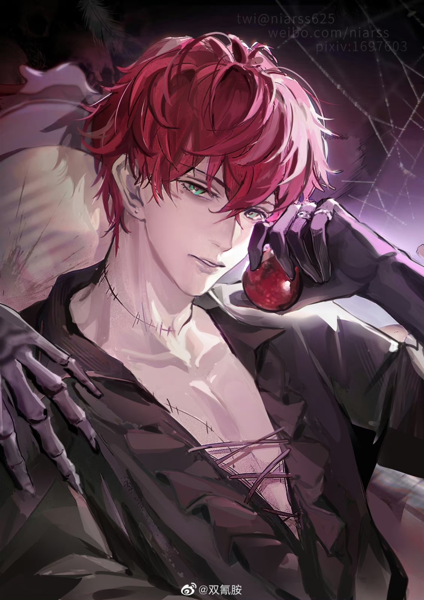 1boy aqua_eyes black_gloves bone collarbone food fruit gloves hair_between_eyes highres holding holding_food holding_fruit jewelry mahoutsukai_no_yakusoku male_focus mithra_(mahoutsukai_no_yakusoku) niarss open_mouth parted_lips pectorals red_hair ring scar short_hair stitches