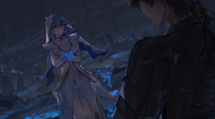 absurdres black_hair black_jacket black_theme blue_flower blue_hair blue_theme blue_veil bouquet broken_pillar commentary dark_background dress flower highres holding holding_bouquet holding_flower ian46166491 jacket male_rover_(wuthering_waves) purple_eyes rover_(wuthering_waves) shorekeeper_(wuthering_waves) stone_pillar two-tone_veil veil white_dress white_veil wuthering_waves