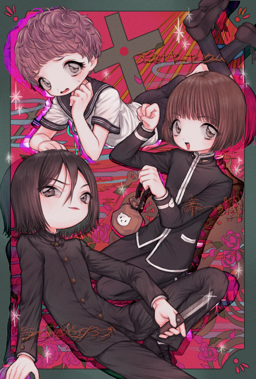 1girl 2boys amane_gymnasium black_shoes black_socks border brown_eyes brown_hair character_request closed_mouth creator_connection cross eyelashes gakuran grey_border hair_between_eyes highres holding holding_knife jaibo knife litchi_hikari_club long_sleeves looking_at_another looking_at_viewer lying multiple_boys on_stomach open_mouth paw_pose sailor_collar school_uniform shirt shoes short_hair short_sleeves skirt smile socks teiichi_no_kuni white_shirt zudzuki
