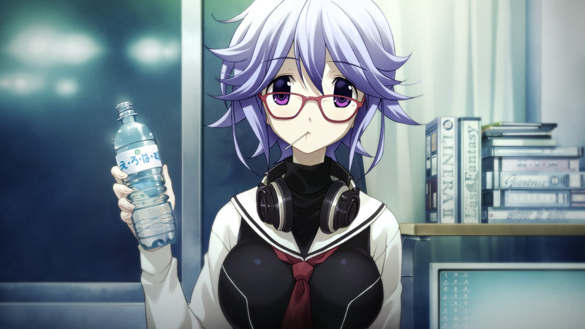 1girl blue_hair book bottle breasts buttons chaos;child double-breasted dress ears_visible_through_hair facing_viewer fingernails game_cg glasses hair_between_eyes head_tilt headphones headphones_around_neck hekiho_academy hekiho_academy_school_uniform high_collar highres holding holding_bottle kazuki_hana large_breasts lollipop_in_mouth long_sleeves looking_at_viewer necktie non-web_source official_art plastic_bottle purple_eyes red_necktie sailor_collar sasaki_mutsumi school_emblem school_uniform shirt short_hair sidelocks solo water_bottle white_sailor_collar white_sleeves window