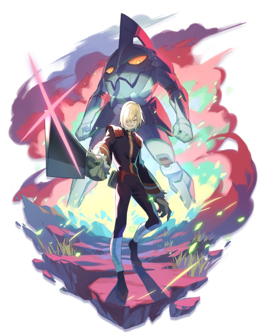 1boy bandaged_leg bandages blonde_hair claws commentary diffraction_spikes enkidu_(ttgl) fur_trim grass grin hair_over_one_eye highres holding holding_weapon male_focus mecha misossu orange_eyes outdoors pointing_melee_weapon robot sharp_teeth smile solo standing teeth tengen_toppa_gurren_lagann viral_(ttgl) weapon yellow_eyes
