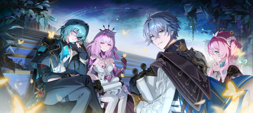 2boys 2girls absurdres anaxa_(honkai:_star_rail) aqua_eyes aqua_hair black_coat black_pants black_tiara blue_cape breasts bug butterfly butterfly_on_hand cape castorice_(honkai:_star_rail) coat commentary_request crossed_legs dress drill_hair elbow_gloves eyepatch flower gloves green_hair hair_flower hair_ornament hat highres holding holding_scroll honkai:_star_rail honkai_(series) hyacine_(honkai:_star_rail) insect long_hair lucky_mimi12 medium_breasts medium_hair multicolored_hair multiple_boys multiple_girls night night_sky outdoors pants phainon_(honkai:_star_rail) pink_hair purple_eyes purple_gloves purple_hair red_hat scroll short_hair sitting sitting_on_stairs sky stairs tiara twin_drills two-tone_hair white_dress white_hair